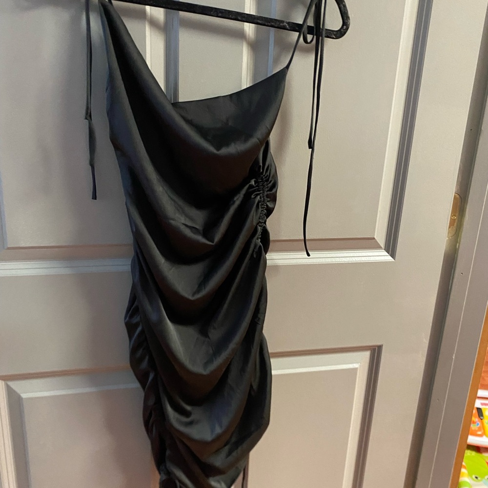 LEAU Satin Black Ruched Tie Shoulder Dress - XS